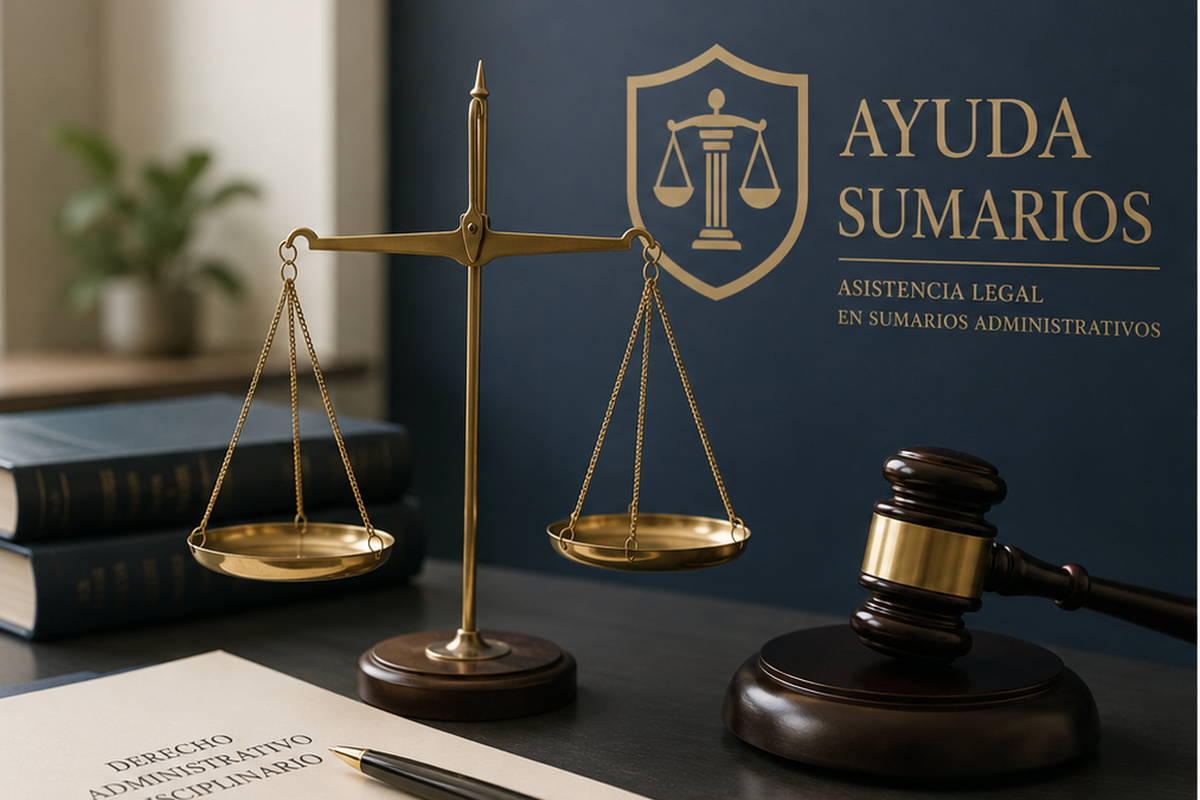 Símbolos de derecho administrativo disciplinario, balanza y documentos de defensa legal